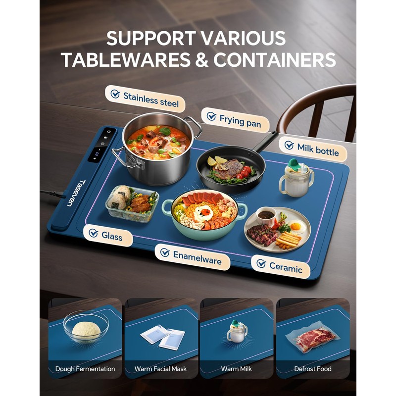 Taseven Food Warming Mat, Silicone Heating Tray with 7 Temperature