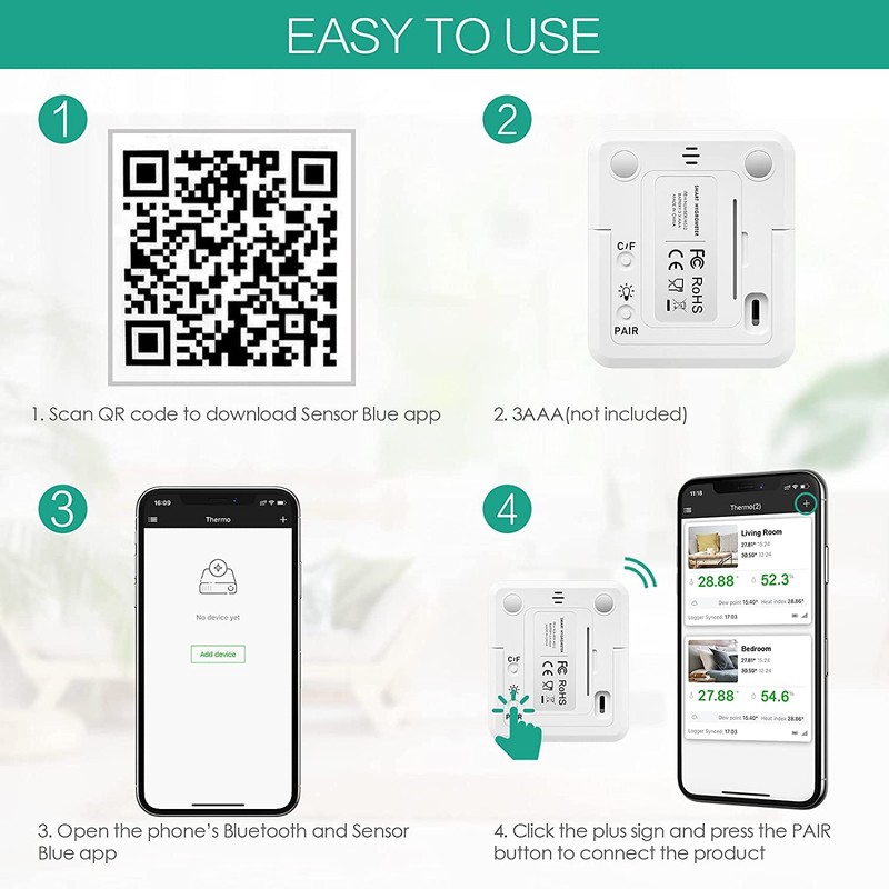 JJ Julie Japan Smart Thermo-Hygrometer, Bluetooth, High Precision, Smartphone Compatible,