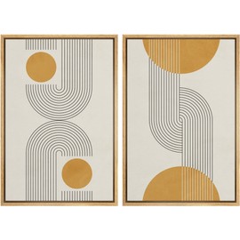 Ashbrook Framed Canvas Print Wall Art Gold Circles with Twisting Geometric Line Art Abstract Shapes Illustrations Modern Chic Nordic Colorful for Living Room, Bedroom, Office - 24"x36"x2 Natural