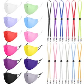 Hahafelt 24pcs Face Mask and Lanyard Set 12pcs Adult Cotton Washable Adjustable Masks, 12pcs Adjustable Lanyards, Suitable for Men and Women