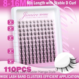 JIMIRE Fairy Lash Clusters Natura Look Manga Lashes Cluster Wispy D Curl Cluster Eyelash Extensions 110 Pcs Wispy Individual Lashes Wet-Look 8-16MM Lash Extension with Invisible Lash Band