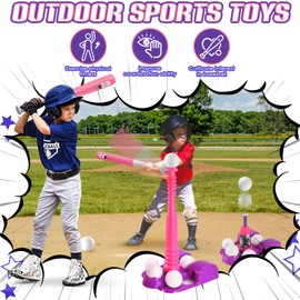 Erixazs Tee Ball Set, T-Ball Sets for Kids 3-8, Toddler Baseball Toys, Kids Baseball Tee with 6 Balls, Teeball Batting Tee, Pitching Machine, Toddler Glove, Outdoor Sport for Toddlers Boys Girls(Pink)