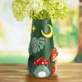 AmiCera Cute Frog Flower Vase, 20 cm Colourful Tall Vases for Home Decor, Unique Boho Decorative Mushroom Vases for Flowers, Modern Rainbow Funky Gardening Gifts, Green