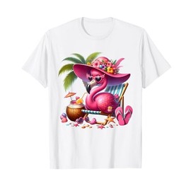 Flamingo Pink Palm Tree Tropical Beach Summer Vacation Women T-Shirt