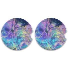 Burbuja Iridescent Rainbow Car Coasters for Cup Holder 2 Pack, Absorbent Ceramic Car Cup Holder Coasters with Finger Notch, Cute Car Assecories for Women
