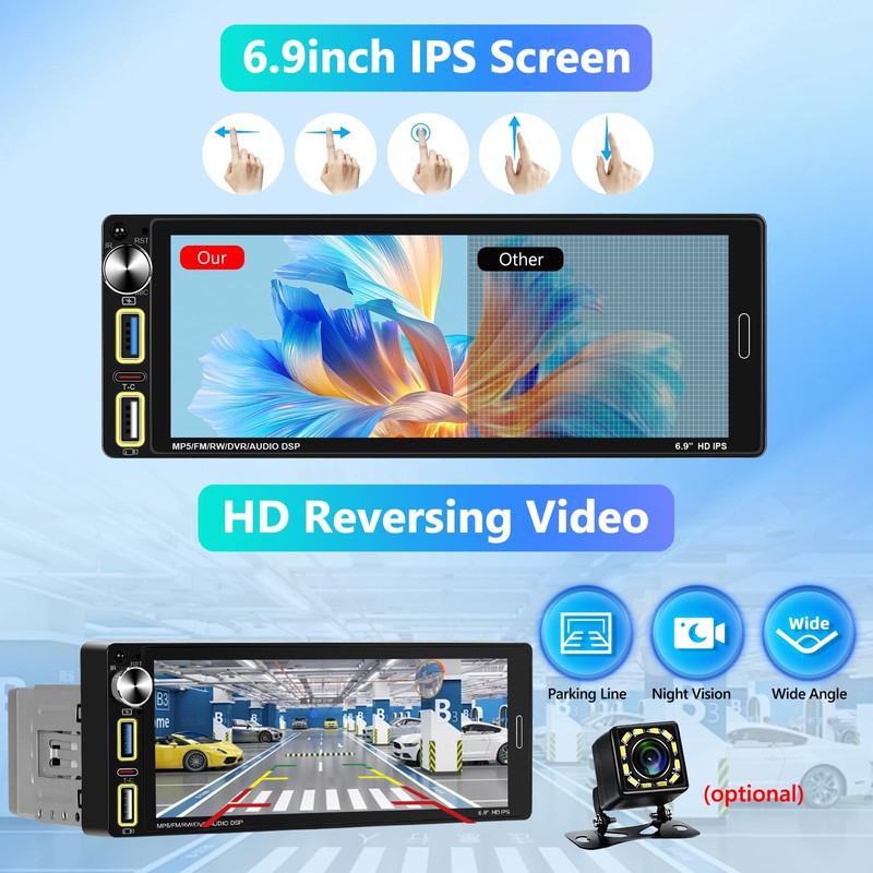 Motorsi Single Din Car Stereo with Wireless Apple Carplay, 6.9
