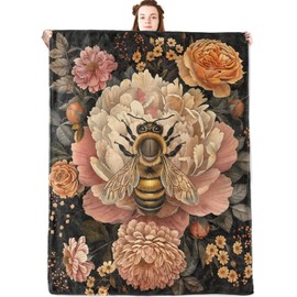 jwyta Vintage Bee and Floral Flannel Blanket,Elegant Botanical Throw with Peony and Rose on Black Background,Lightweight Fleece Blankets for Nature Lover,Couch,Bed,Camping Decor Gifts,60x50in