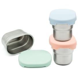 WeeSprout - Recipientes de acero inoxidable con tapas de silicona a prueba de fugas, paquete de 3 unidades, tazas reutilizables para aperitivos y salsa, sin BPA, aptas para lavaplatos y congelador