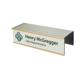 Over the Cube Quality Aluminum, Changeable Cubicle Nameplate Holder, Satin Silver Base, and Polished Yellow Gold Name Plate Holder, Guaranteed Not To Crack (2.5" Cubicle Wall Depth)