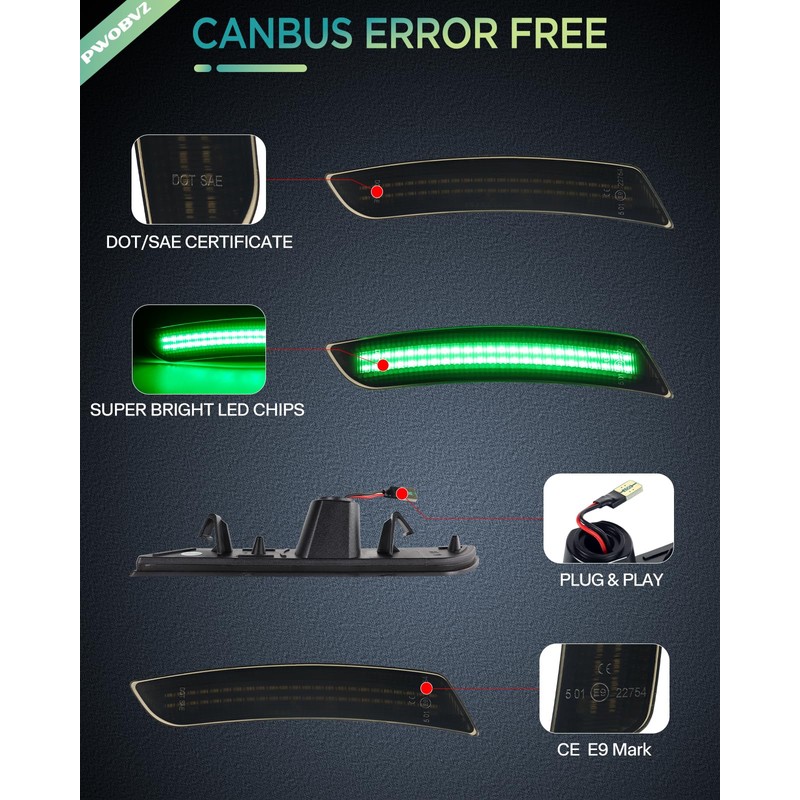 PWOBVZ Dynamic Green LED Side Marker Lights for Chevy Camaro