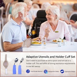 Ehucon Adaptive Utensils with Universal Elastic Utensil Holder Cuff Set,Eating Utensils Easy Grip for Hand Tremors,Parkinsons or Disabled (Purple, Left Fork and Spoon and a Universal Cuff Set)