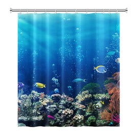 SDOTPMT 180x180cm Ocean Tropical Fish Shower Curtain Underwater Sea Animal Coral Reef Bath Curtain Summer Blue Ocean Bathtub Curtain for Kids Bathroom Fabric Polyester Waterproof with Hooks