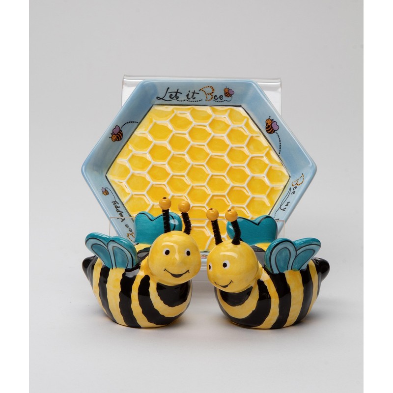Appletree 2-Inch Ceramic Bee Salt and Pepper with Honeycombed Tray,