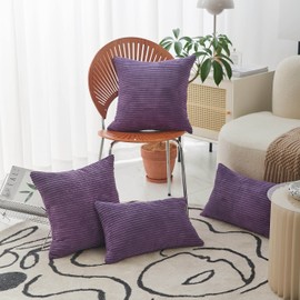 Home Brilliant Purple Pillow Cover 18x18 Supersoft Striped Velvet Corduroy Decorative Throw Pillow Case Throw Pillow for Sofa, Eggplant, (45x45 cm, 18inch)