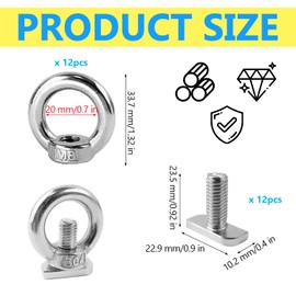 12 Piece Eye Bolt Set, Stainless Steel M8 Eye Nut + M8 Hammer Head Screw, Eye Bolt, for Tightening and Hanging, for Supporting Items and Easily Connecting Ropes (Silver)