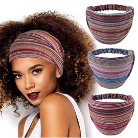 CAKURE Boho Headbands Wide Headband African Head Wraps Stretchy Head Bands Stripe Turban Head Scarves for Women and Girls Pack of 3 (Set1)