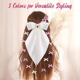 Aphlos 33PCS Satin Hair Bow Clip Set for Girls, 3 Large Ribbon Clips with Tails + 30 Mini Bows, Smooth Satin Alligator Barrettes for Ponytails, Braids, Thick or Curly Hair, Daily Wear and Party Styles