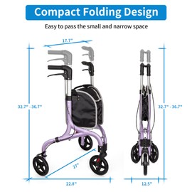 Planetwalk Premium 3 Wheel Rollator Walker for Seniors - Ultra Lightweight Foldable Walker for Elderly, Aluminum Three Wheel Mobility Aid, Brilliant Purple
