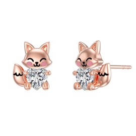 LONAGO Fox Earrings for Women 925 Sterling Silver Cute Fox Holding Heart Stud Earrings (April)