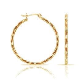 HUG A HOOP - 925 Sterling Silver Gold Overlay Textured Diamond-Cut Hoop Earrings, 2mm Click-Top Hoops 12mm-70mm, Metal, not known,