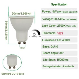 CIKAMIO mr16 gu10 led Bulb dimmable 5W 120V Spot Light 2700K Warm White Soft White 40w 50w Halogen Bulb Replacement for gu10 mr16 Tracking Light Fixture (Warm White 2700K, Pack of 4)