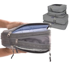 TWO-Compartment Compression Packing Cubes - WONGLE DUO 4 pc Set Travel Organizer Compressible Packing Cubes for Suitcases, Luggage Organizer Bags, Bedbug Protection, Travel Accessories (Grey)
