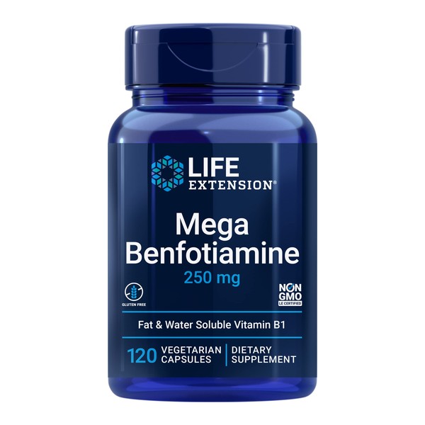 Life Extension Mega Benfotiamine 250 mg - With Fat Soluble Thiamine Vitamin B1 for Glucose Metabolism - Advanced Nerve Health Supplement Pill - Gluten Free, Non-GMO, Vegetarian - 120 Capsules