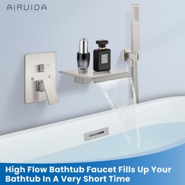 Airuida Wall Mount Tub Faucet with Waterfall Tub Spout Wall Mounted Bathtub Faucet with Handheld Shower Single Handle Tub Filler Shower Faucet Set with Rough-in valve Bevel Angle Spout Brushed Nickel
