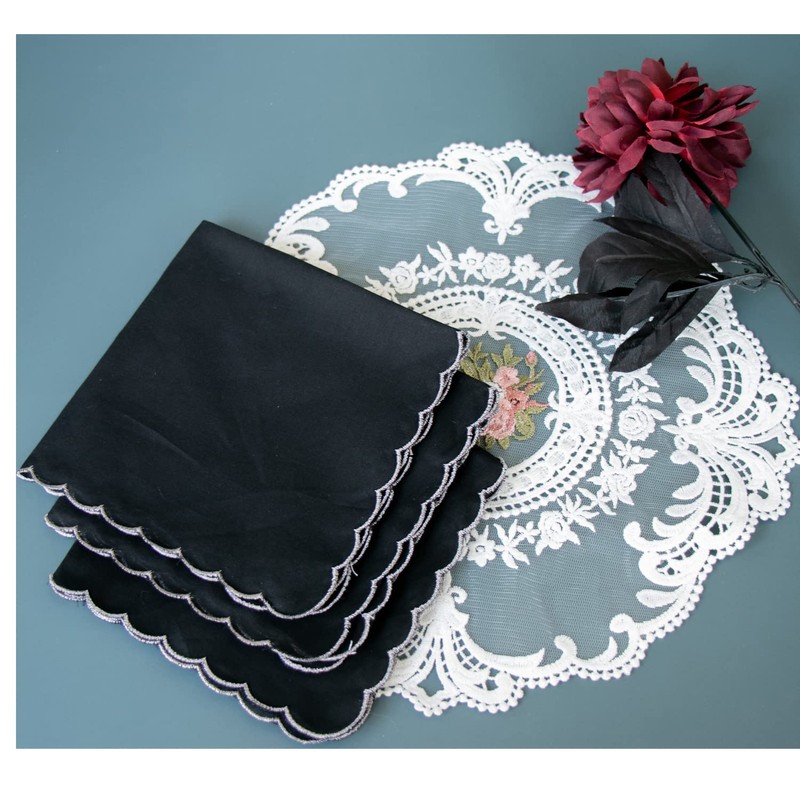 MZLIU Women Black Handkerchiefs Cotton Hankies with Embroidered Scalloped Edge