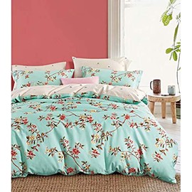 Eikei Cottage Country Style 3 Piece Duvet Cover Set Multicolored Roses Peonies Bouquet 100-percent Cotton Shabby Chic Reversible Floral Bedding (King, Turquoise)
