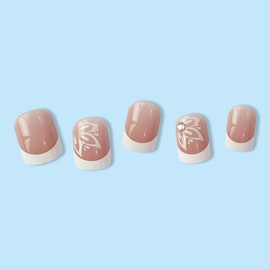 24PCS Short False Nails with Glue Stickers,Coffin Full Cover Acrylic Nails Press on Nails no Glue,White Flower French Fake Nails Stick on Nails for Women and Girls Nail Art