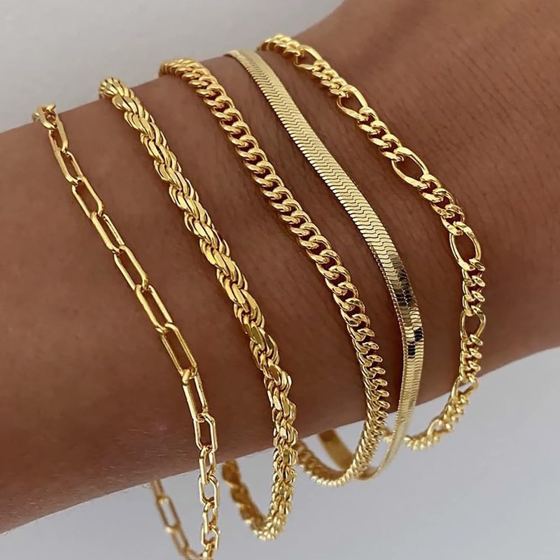 FDEETY Pack of 5 Women's Gold-Plated Bracelets, Twist Figaro Chain