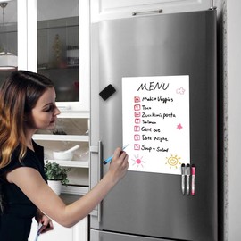CUHIOY Magnetic Whiteboard Fridge 30 x 20cm A4+ White Board for Home Kitchen Menu Meal Shopping List, Office Dry Erase Board Daily Weekly Planner, Magnet Notice Memo Board 4 Marker Pens 1 Eraser