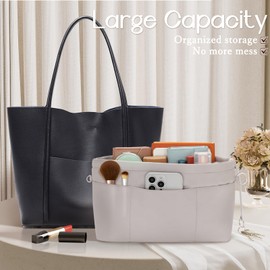 SHINGONE Handbag Organiser with Key Ring, Pocket Organiser, Waterproof, Inner Pockets for Handbags Organiser, Cosmetic Organiser with Zip, Grey, L