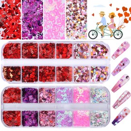 Kalolary 2 Boxes Heart Nail Art Glitter Sequins, Valentine's Day Nail Glitter Sequins, Holographic Heart Laser Nail Sequin, Nail Glitter Sequins for Valentine's Day Nail Decorations Designs Manicure-A
