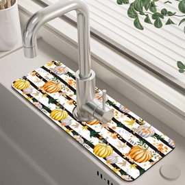 Thanksgiving Sink Faucet Absorbing Mat Autumn Pumpkin Floral Absorbent Fast Drying Mat Faucet Draining Mat Sink Splash Guard Behind Faucet Drip Catcher for Kitchen Bathroom 5.5"×15"