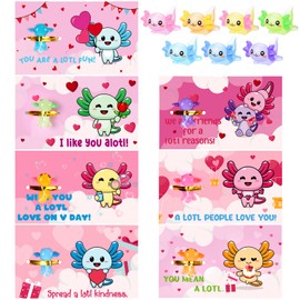 Gilprop 28 Sets Valentines Day Cards for Kids Valentines Day Gifts Mini Resin Axolotl with Twist Ties Set Cards and Mini Resin Figures Axolotl with Metallic for Party Favors(Classic Colors)