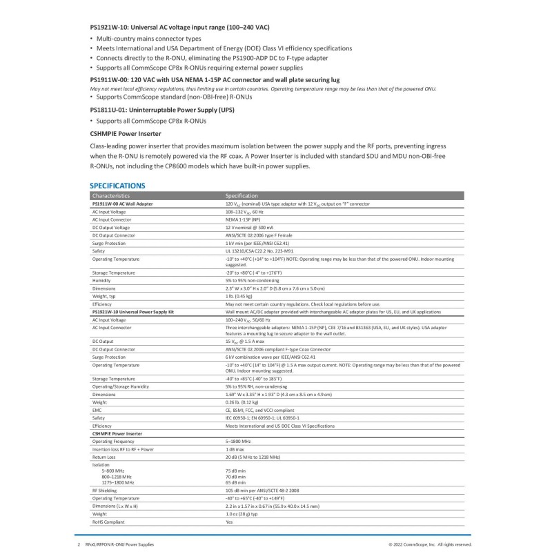 ARRIS PS1921W-10 Power Supply for RFoG ONU