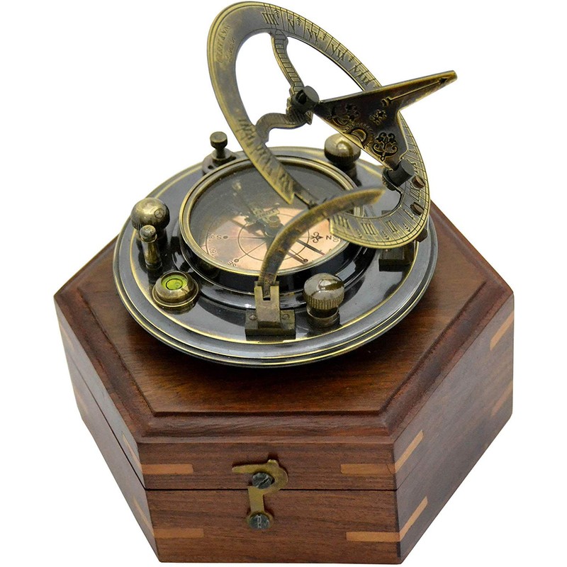 Nautical Antique Gilbert Brass Decorative Sundial Compass with Rose Wood