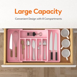 Lifewit Silverware Drawer Organizer, Expandable Utensil Tray for Kitchen, BPA Free Flatware and Cutlery Holder, Adjustable Plastic Storage for Spoons Forks Knives, Large, Pink