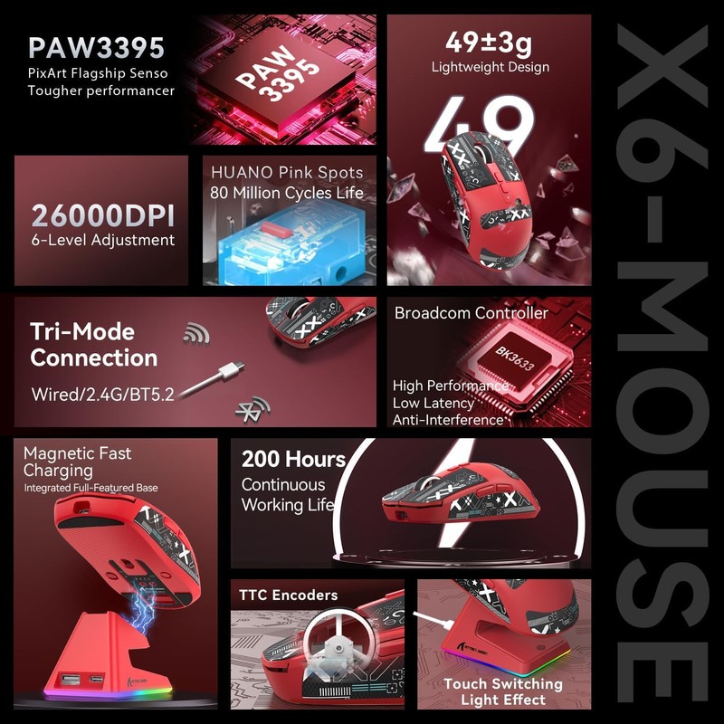 ATTACK SHARK X6 Ratón inalámbrico Ligero para Juegos con Base