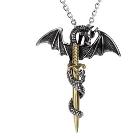 Flongo Men's Biker Tribal Stainless Steel Silver Flying Dragon Gold Sword Pendant Necklace, 22 inch Chain