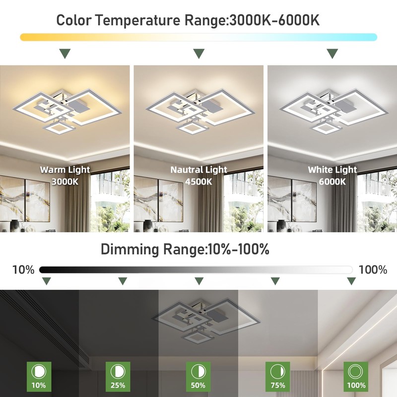 HLILCEH Modern Chrome Led Ceiling Light 3-Square Design 3000K-6500K Dimmable