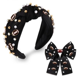 ZOLEAROPY Football Headband for Women White Black Red Football Bow Hair Clips Pearl Rhinestone Jeweled Football Knotted Headband Footall Mom Accessories Fashion Game Day Outfits