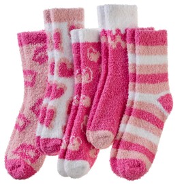 WEVIAS Womens Fuzzy Socks Slipper Fluffy Comfy Cozy Winter Soft Warm Fleece Cabin Plush Sleep Socks (5 Pairs Heart/Lip Print)