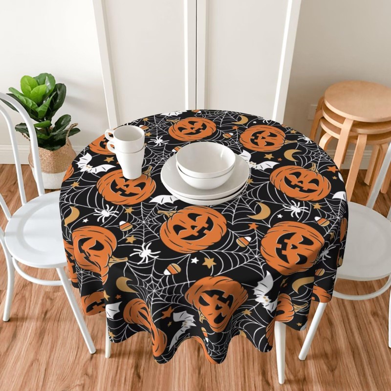 Sunshineyan Halloween Tablecloth 70 Inch Round, Black Pumpkins Spider Web