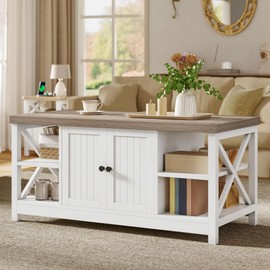 YITAHOME Coffee Table with Storage, Farmhouse Coffee Tables for Living Room, Rectangle Coffee Table 2 Tiers Shelf, CenterTable Space Saving Living Room Small Tables, Easy Assembly, Brown and White