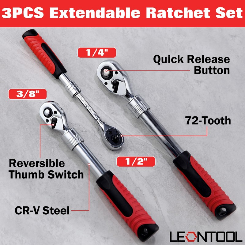 LEONTOOL 3 Piece Extendable Ratchet Set 1/4 3/8 1/2 Inch