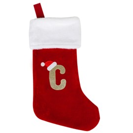 DERAYEE Monogrammed Christmas Stockings with Letters, 18 Inch Large Velvet Body Super Soft Plush Cuff Gold Embroidered Stockings for Family Holiday Xmas Party Decoration (Red, Letter C)