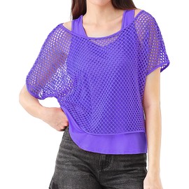 WILDPARTY 80s Fancy Fishnet Top for Women, Tank Top Off the Shoulder T-shirt 1980s Retro Theme Party Costume Accessories Cosplay